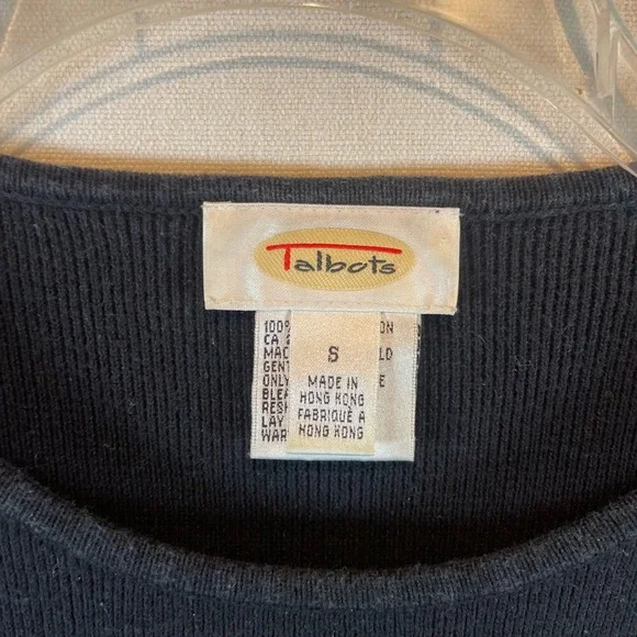 Talbots Black 100% Cotton Ribbed Short Sleeve Crew Neck Knit Top Small - Picture 7 of 8